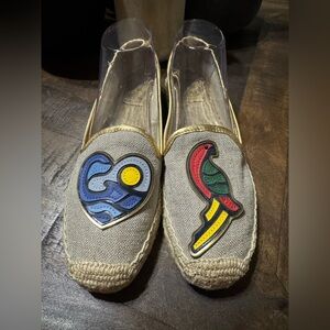 EUC Tory Burch Parrot Espadrilles Natural Linen and Leather Size 9.5